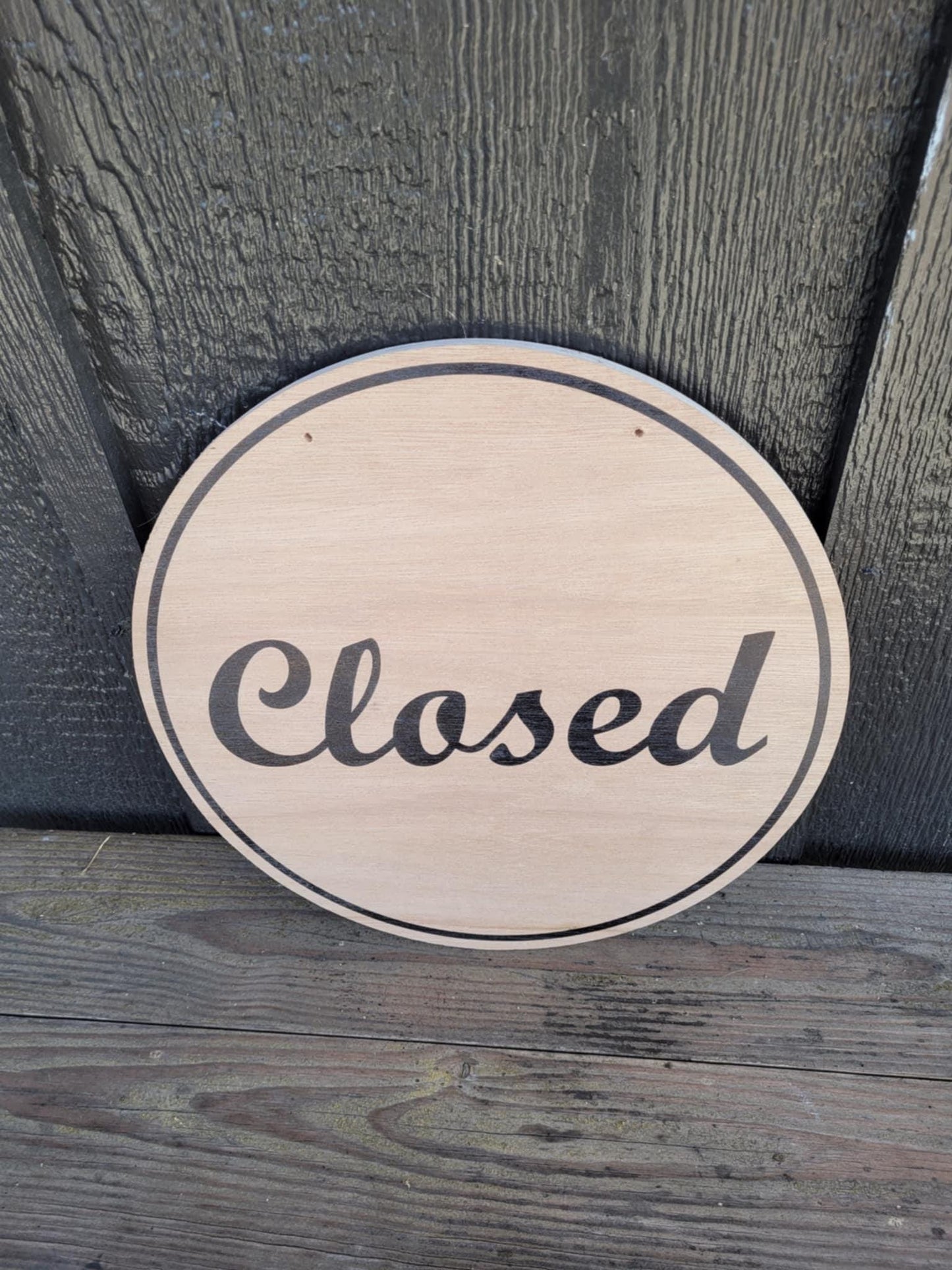 Open Window Hanging Small Business UV Wood Sign Commercial Signage Door Out Front Shop Round Circle Simple Modern Double sided