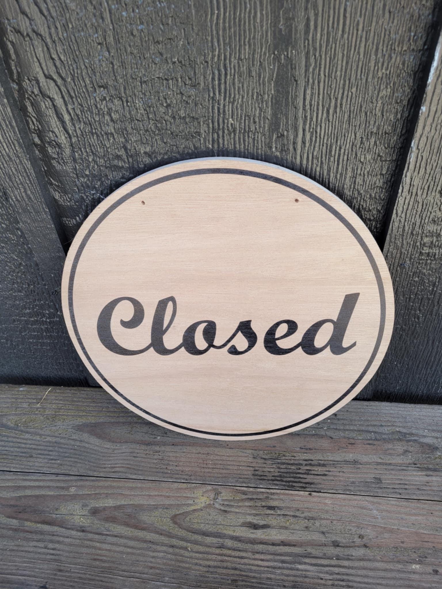 Open Window Hanging Small Business UV Wood Sign Commercial Signage Door Out Front Shop Round Circle Simple Modern Double sided