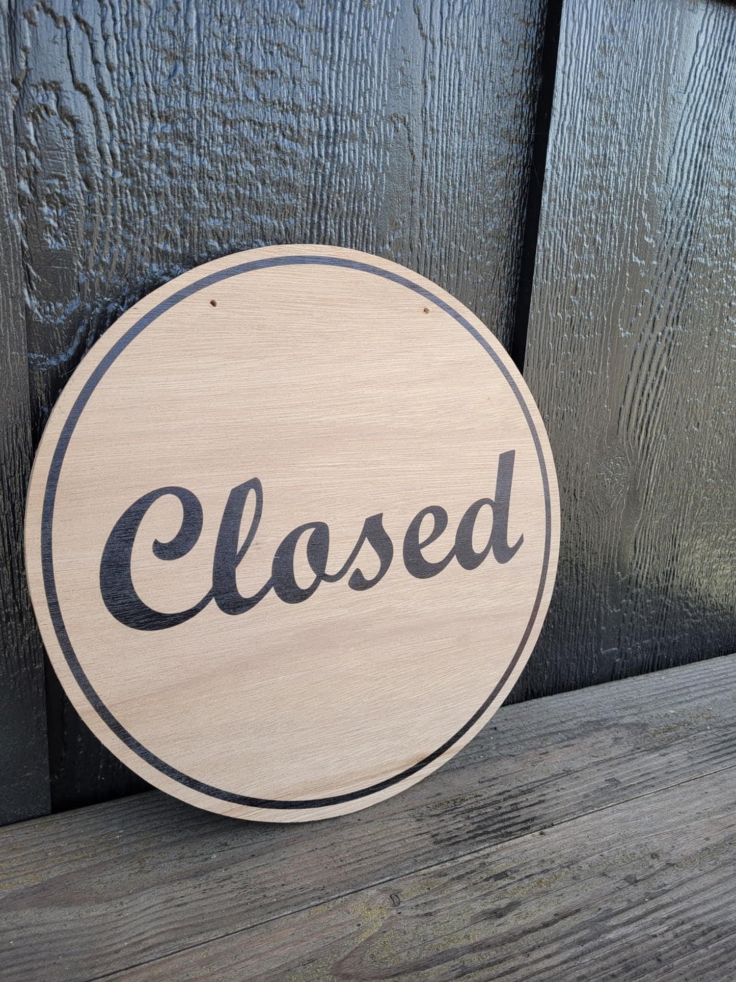 Open Window Hanging Small Business UV Wood Sign Commercial Signage Door Out Front Shop Round Circle Simple Modern Double sided