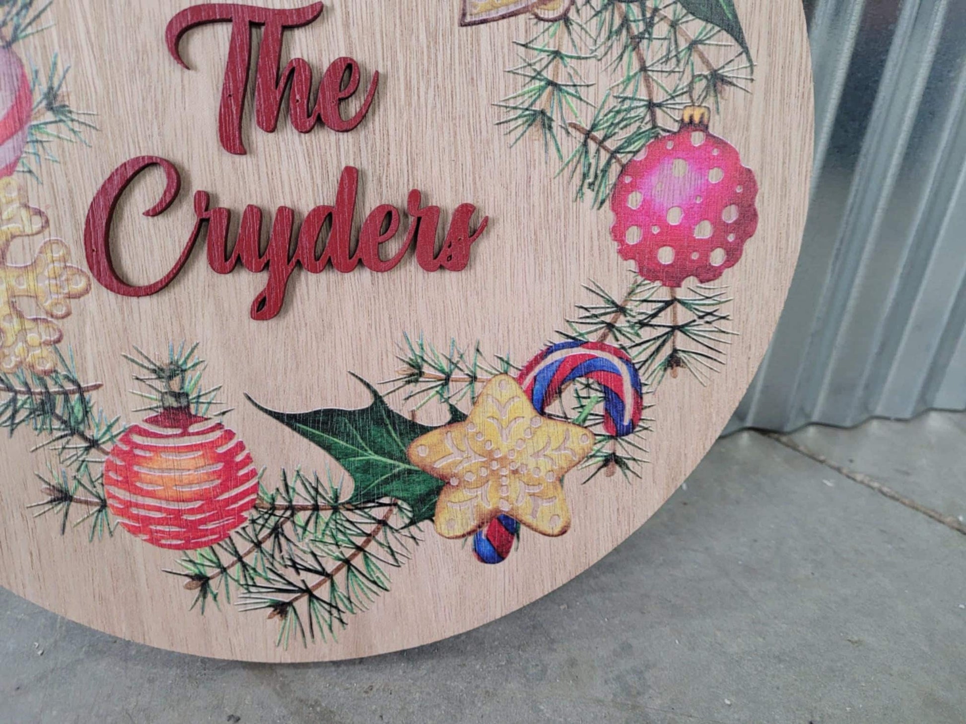 Handmade Custom Wood Sign Your Logo Personalized Hanging Raised Letters Round Printed Image Family Name Wreath Christmas Holiday Seasonal