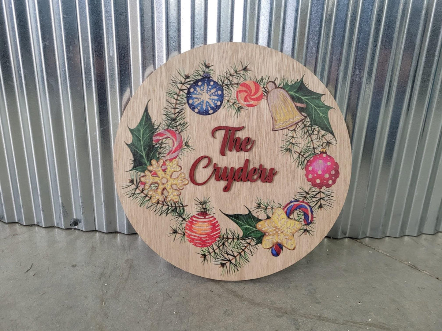 Handmade Custom Wood Sign Your Logo Personalized Hanging Raised Letters Round Printed Image Family Name Wreath Christmas Holiday Seasonal