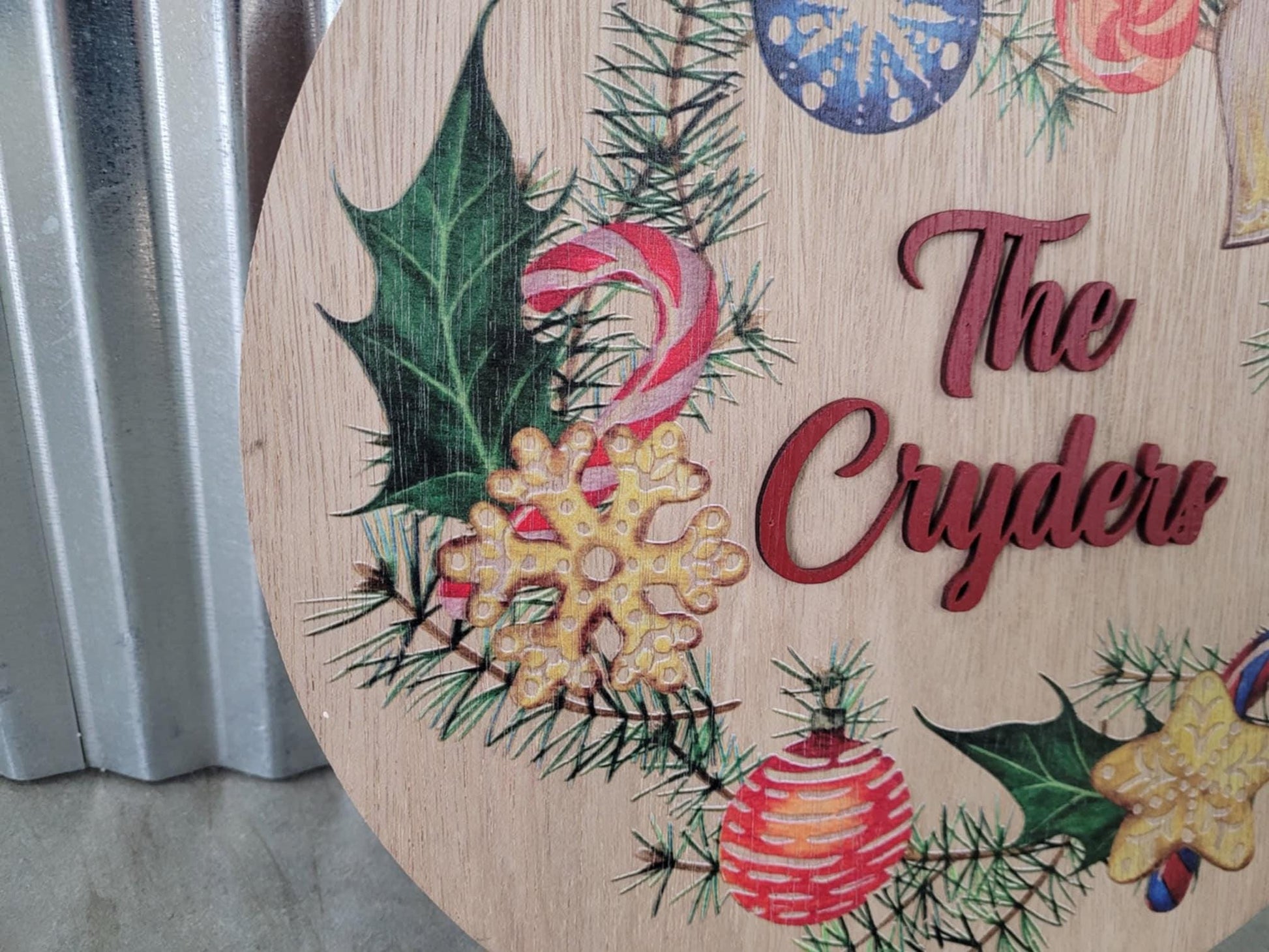 Handmade Custom Wood Sign Your Logo Personalized Hanging Raised Letters Round Printed Image Family Name Wreath Christmas Holiday Seasonal