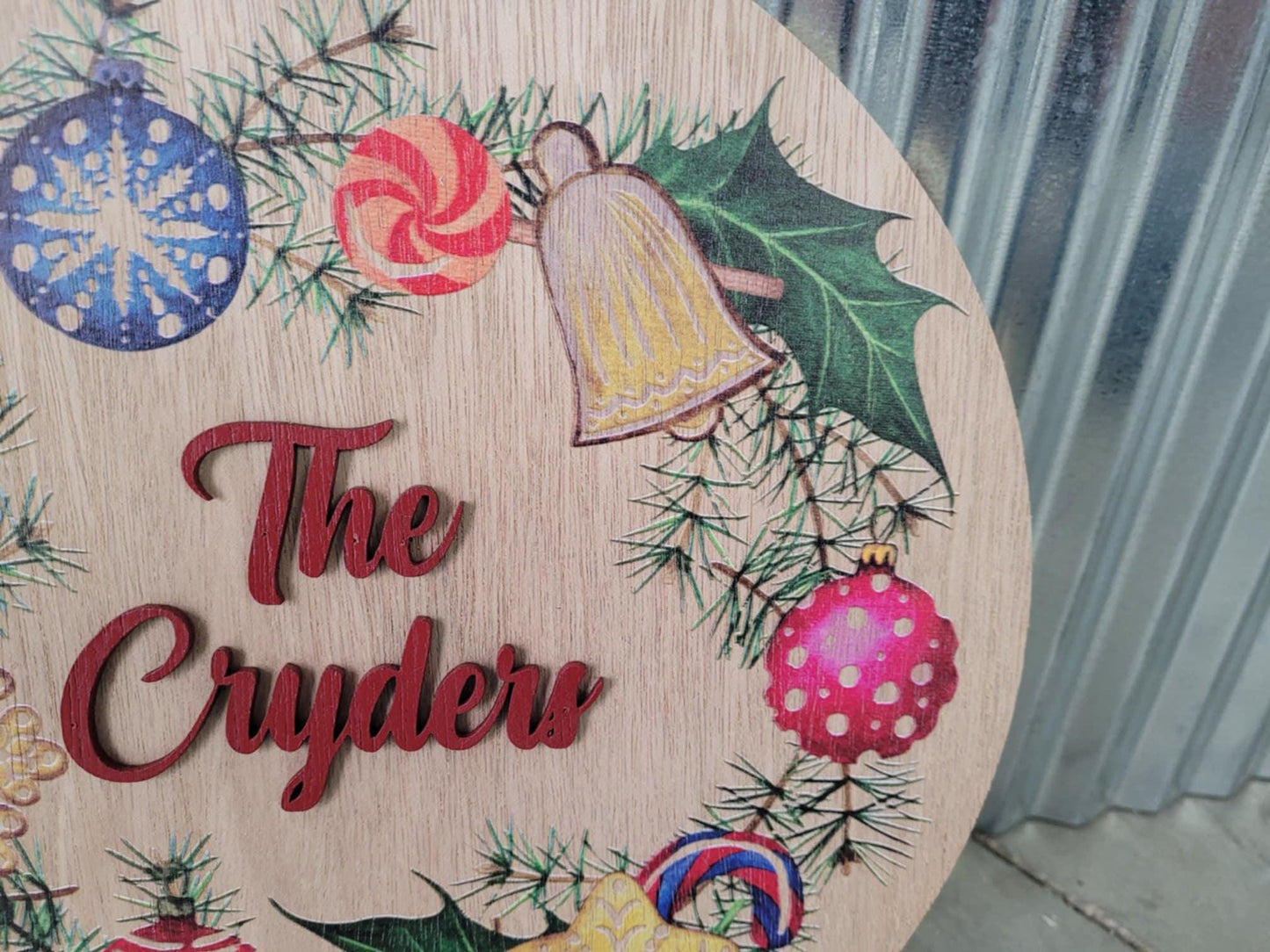 Handmade Custom Wood Sign Your Logo Personalized Hanging Raised Letters Round Printed Image Family Name Wreath Christmas Holiday Seasonal