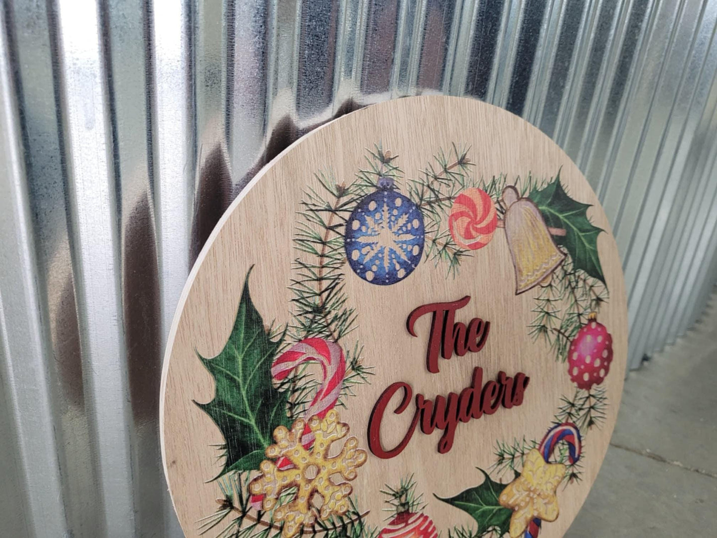 Handmade Custom Wood Sign Your Logo Personalized Hanging Raised Letters Round Printed Image Family Name Wreath Christmas Holiday Seasonal