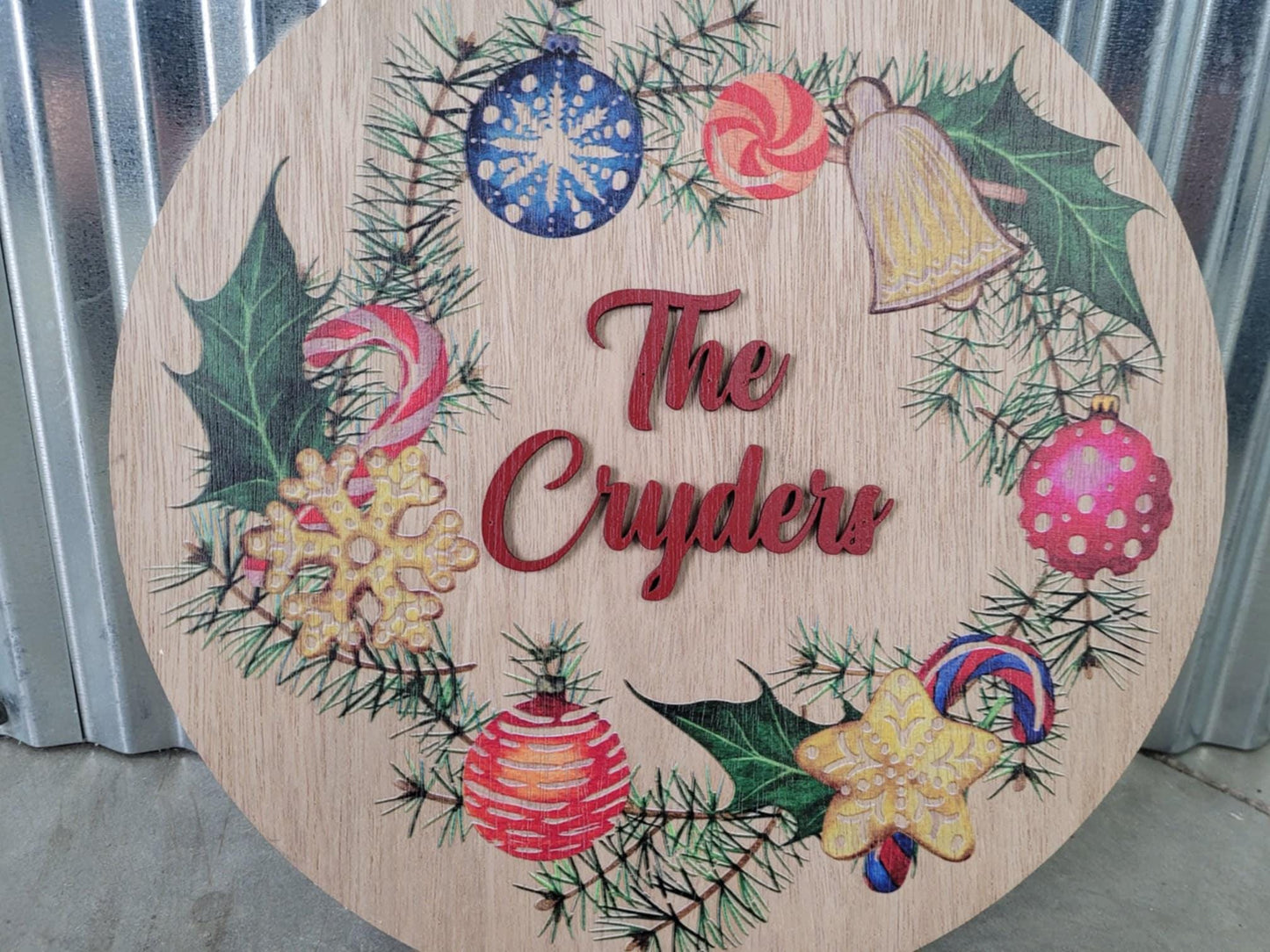 Handmade Custom Wood Sign Your Logo Personalized Hanging Raised Letters Round Printed Image Family Name Wreath Christmas Holiday Seasonal