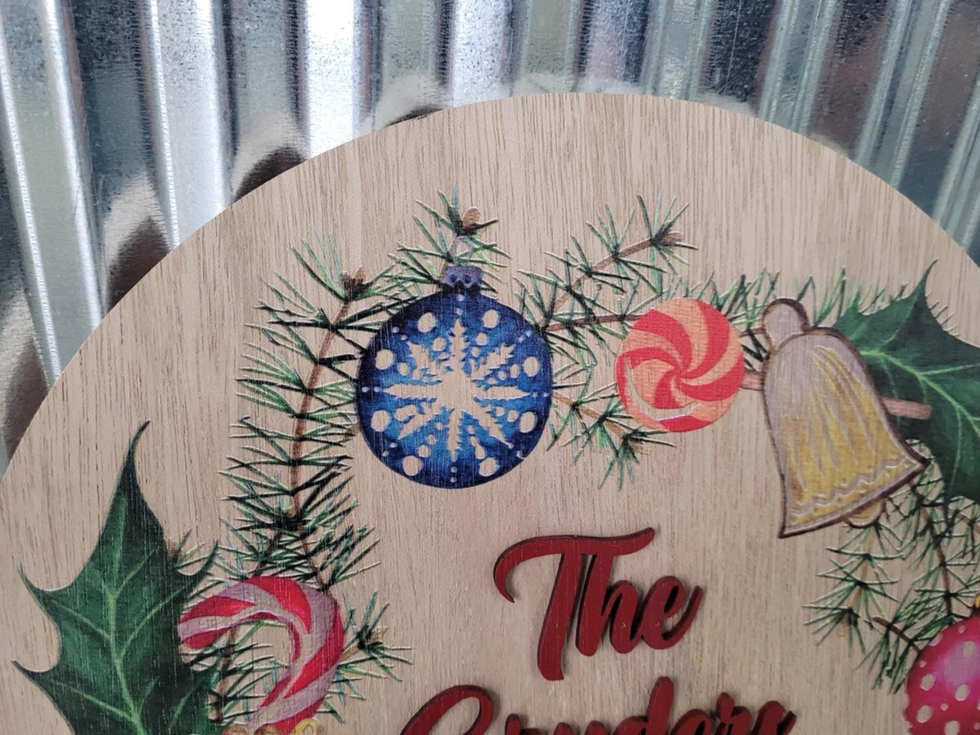 Handmade Custom Wood Sign Your Logo Personalized Hanging Raised Letters Round Printed Image Family Name Wreath Christmas Holiday Seasonal