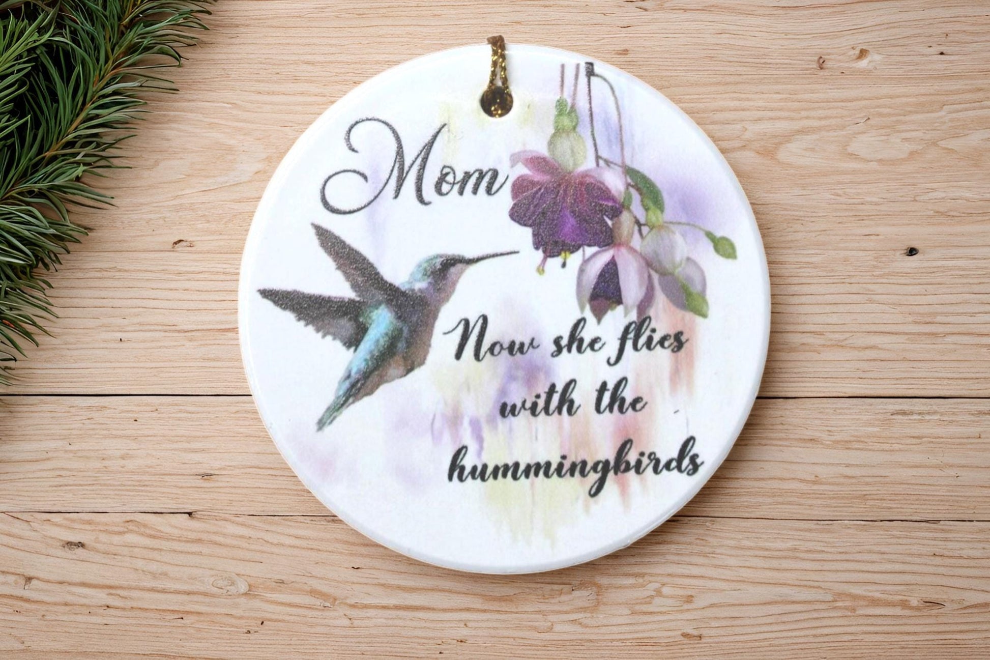 Mom Now She Flys With The Hummingbirds Ceramic Memorial Ornament Decor Floral Memories Gifts Cute Mother Day Hanging Circle Heaven