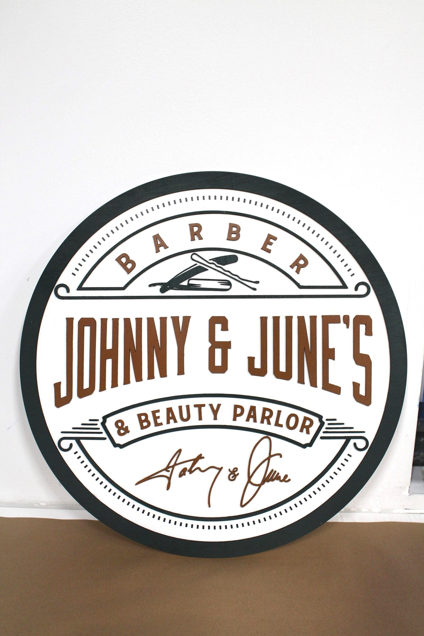 Beauty and Barber Bobby pin Razor Salon Parlor Custom Sign Round Commerical Signage Single Double Sided Made to Order Logo Wooden Handmade
