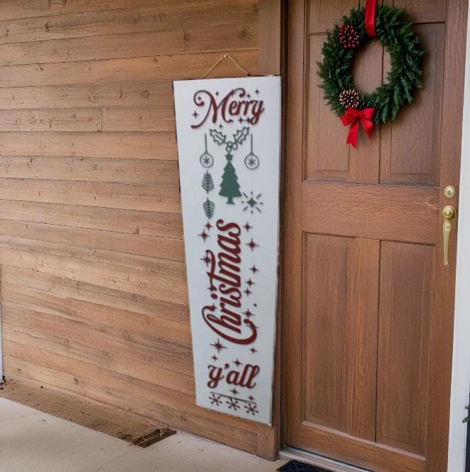 Merry Christmas Yall Farmhouse Porch Leaner Step Door Sign 3D Handmade Winter Unframed Red and Green Country Southern
