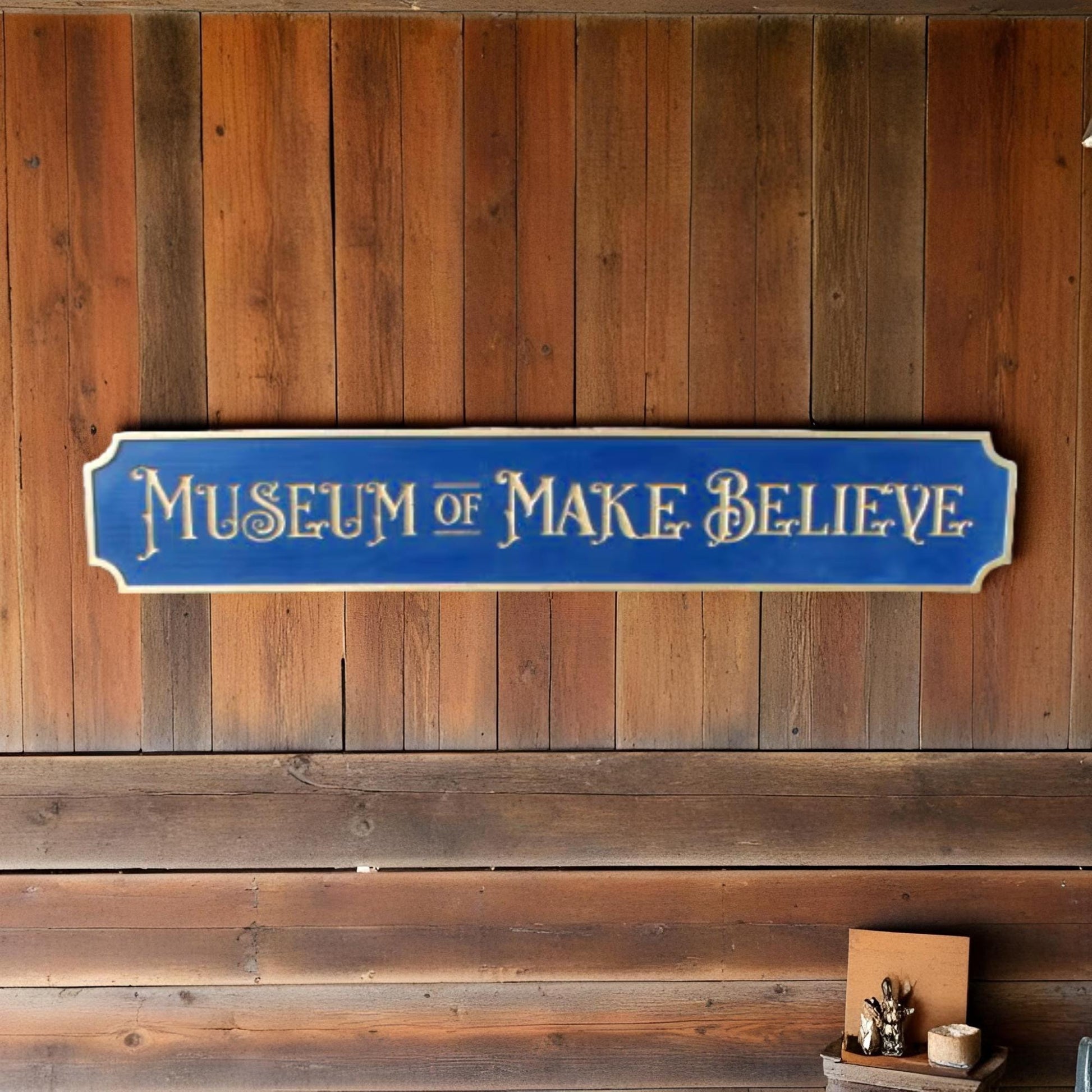 Gold Carved Make believe Museum Blue Vintage Antique Victorian Personalized Custom Wooden Etched Sign Engraved Routed Color Filled