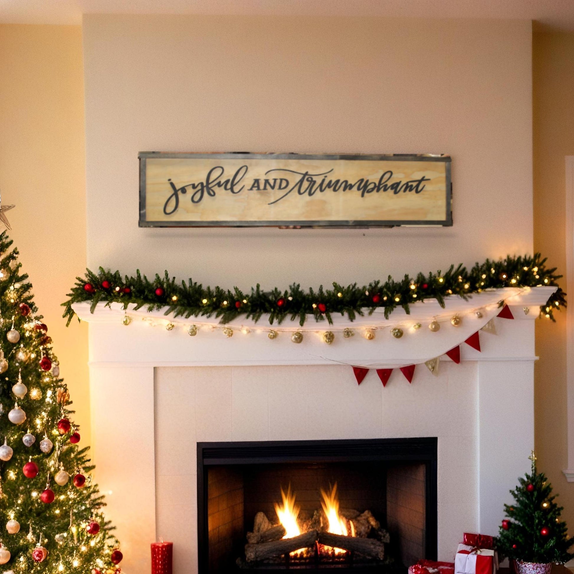 Joyful and Triumphant Sign Winter Wood Christmas Large Raised Text Script Holiday Décor Wall Art Framed 3D Primitive Rustic