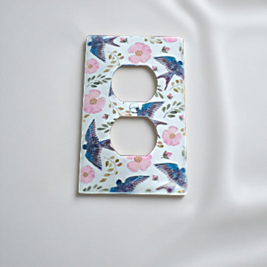 Blue Bird Swallow Floral Flowers Spring Printed in Color Light Switch Cover Plate Durable Baby Room Kids Room