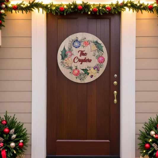 Handmade Custom Wood Sign Your Logo Personalized Hanging Raised Letters Round Printed Image Family Name Wreath Christmas Holiday Seasonal