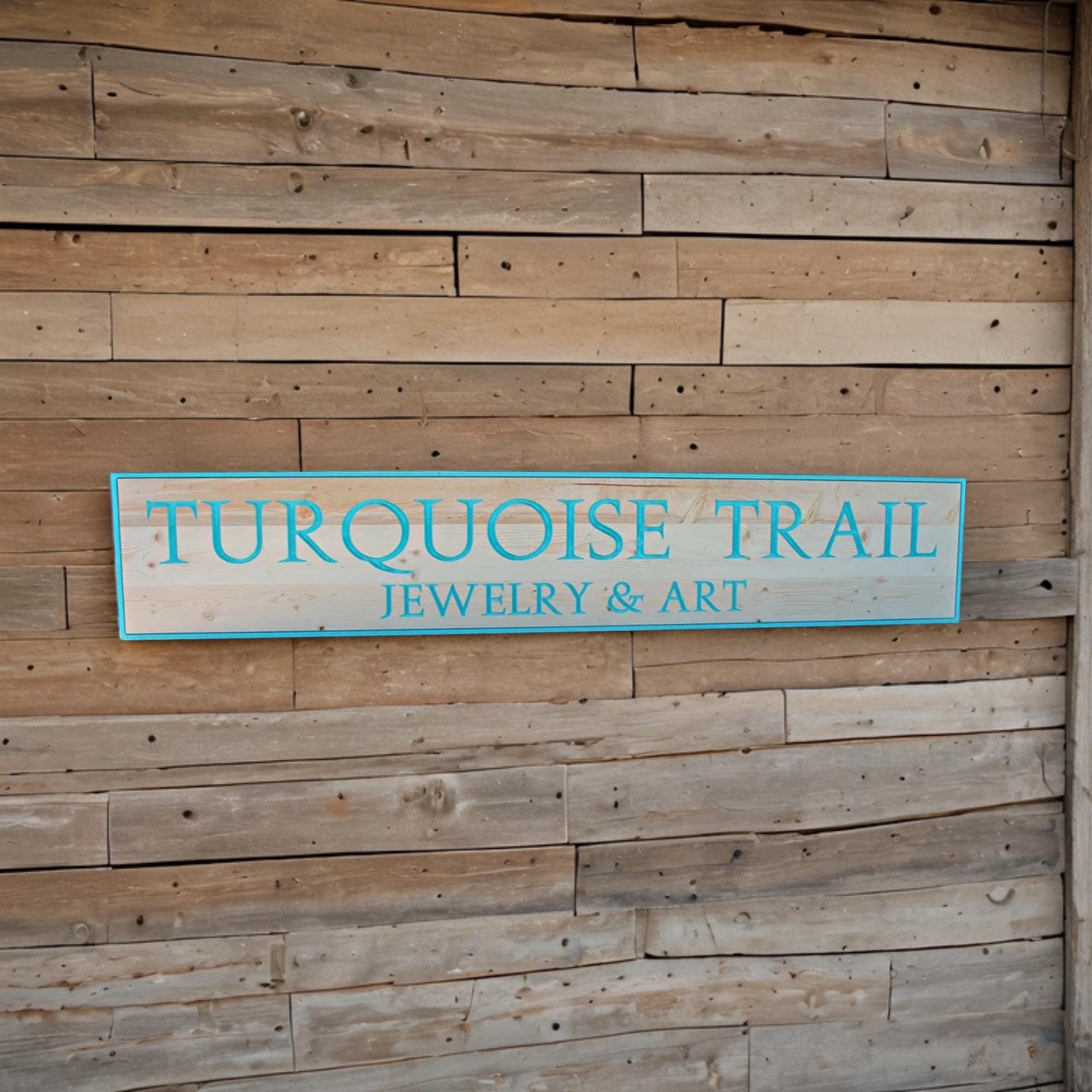 Jewely and Art Turquoise Seafoam Trail Business Commerical Sign Personalized Custom Wooden Etched Sign Engraved Routed Color Filled
