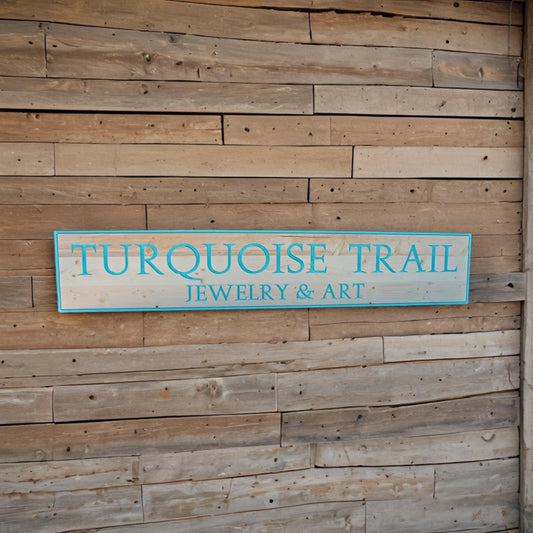 Jewely and Art Turquoise Seafoam Trail Business Commerical Sign Personalized Custom Wooden Etched Sign Engraved Routed Color Filled
