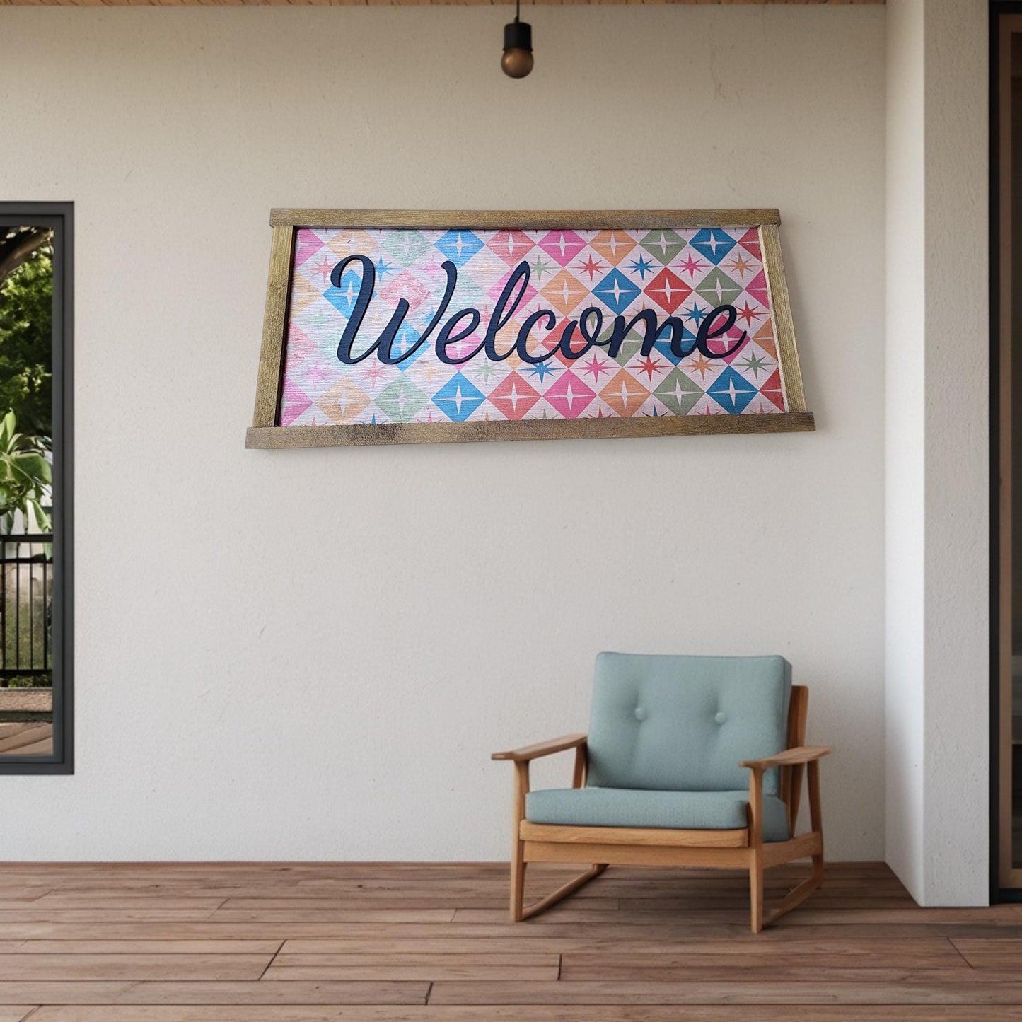Welcome Wood Sign UV Ink 3D Raised Text Pink and Orange Font Script Homey Country Sign Farmhouse Rustic Primitive Framed Housewarming Gift