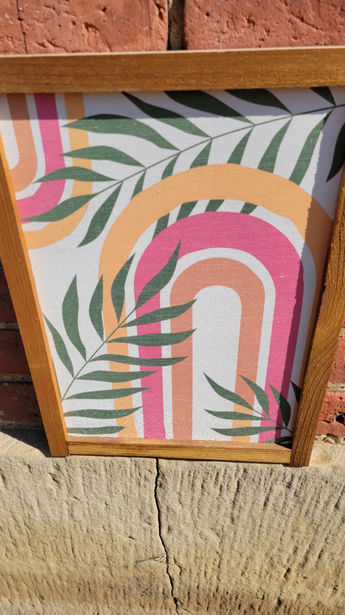 Rainbow Leaf Jungle Wood Sign UV Framed Cute Colorful Pink Minimalistic Country Cottagecore Primitive Framed Wall Hanging Porch Decor