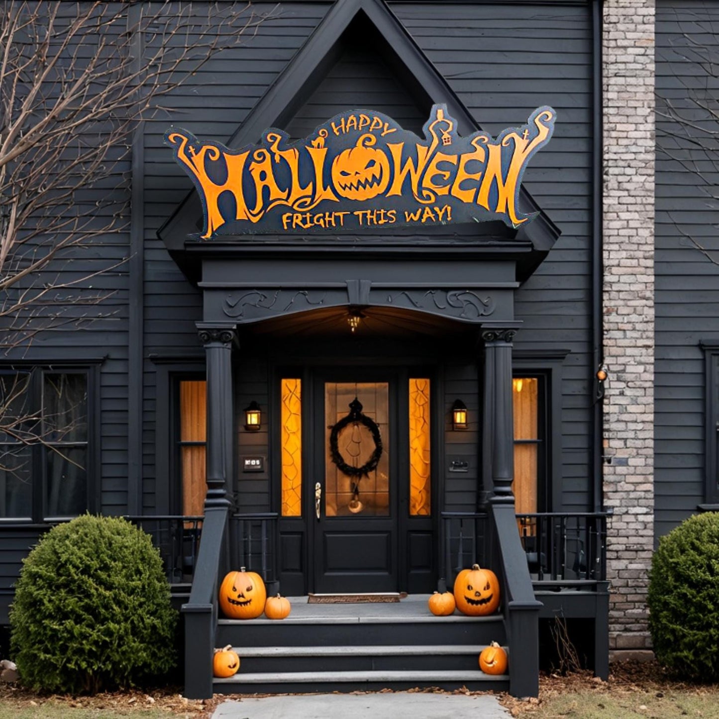 Customizable Text Happy Halloween Jack O Lantern Spooky Forest Black Cat Fright Wooden Decor Fall Autumn Decoration Sign Haunted Grave Yard