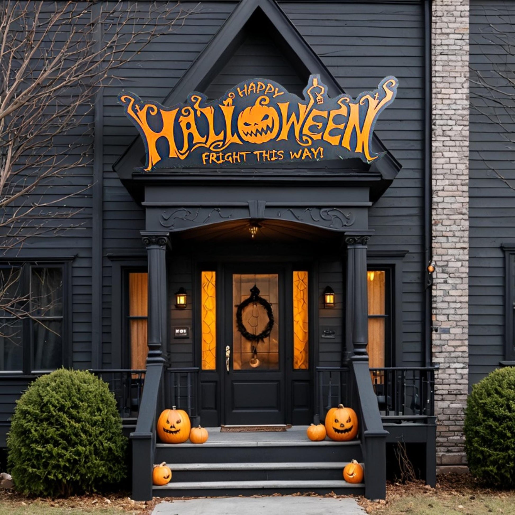 Customizable Text Happy Halloween Jack O Lantern Spooky Forest Black Cat Fright Wooden Decor Fall Autumn Decoration Sign Haunted Grave Yard
