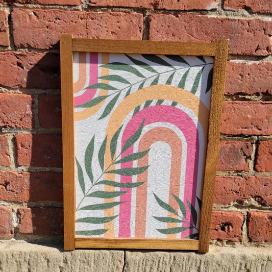 Rainbow Leaf Jungle Wood Sign UV Framed Cute Colorful Pink Minimalistic Country Cottagecore Primitive Framed Wall Hanging Porch Decor