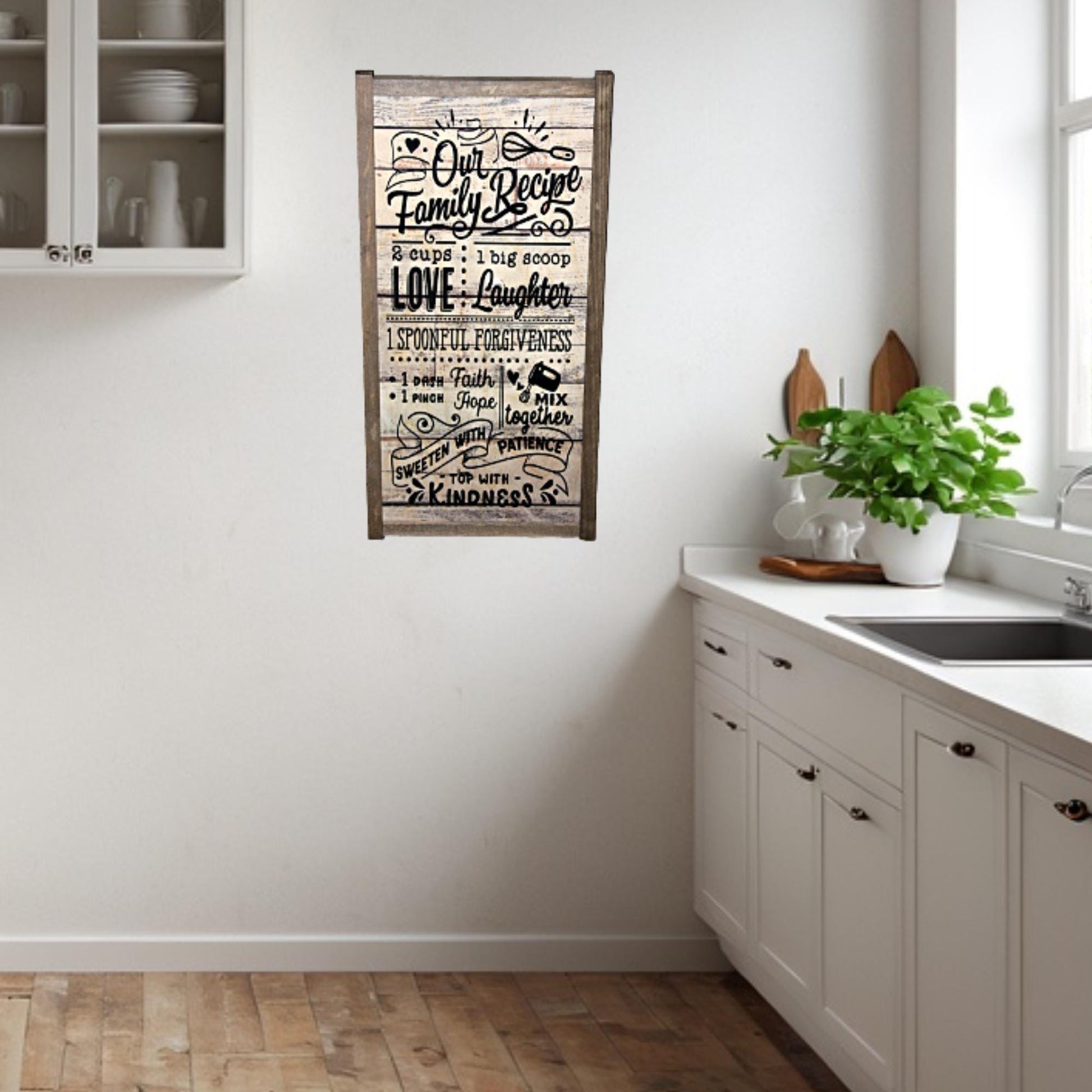 Our Family Rules Wood Sign Shiplap Wall Art Farmhouse Primitive Rustic Text Large Love Laughter Measuring Patience Kindness Recipe Text