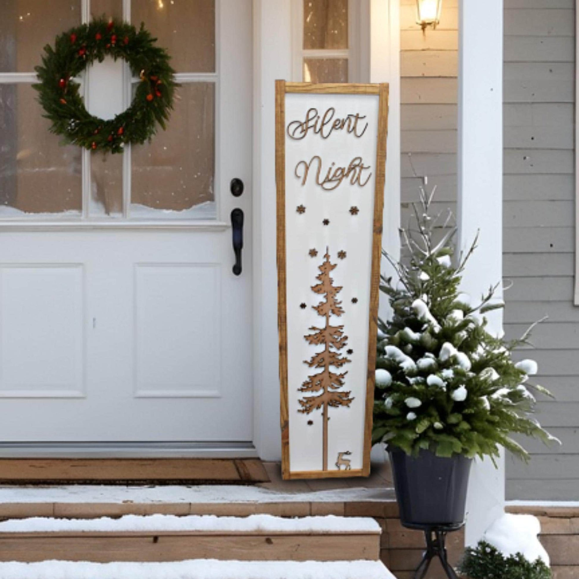 Silent Night Winter Pine Snowflakes Reindeer Porch Leaner Fireplace Living Dining Room Shabby Cottage Chic Farmhouse Rustic White Natural