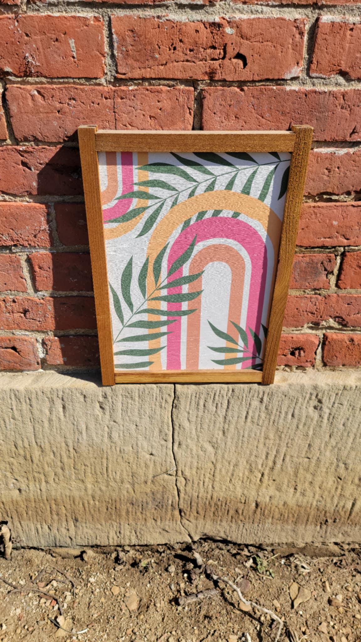 Rainbow Leaf Jungle Wood Sign UV Framed Cute Colorful Pink Minimalistic Country Cottagecore Primitive Framed Wall Hanging Porch Decor