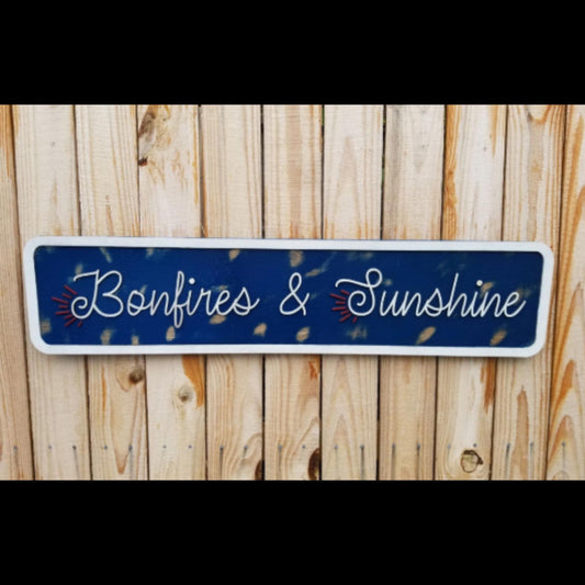 Bonfires and Sunshine Raised Text Wood Sign Camping Rustic Red White Blue Handmade 3D Patriotic Summer Outdoors Porch Sign Garden Fire