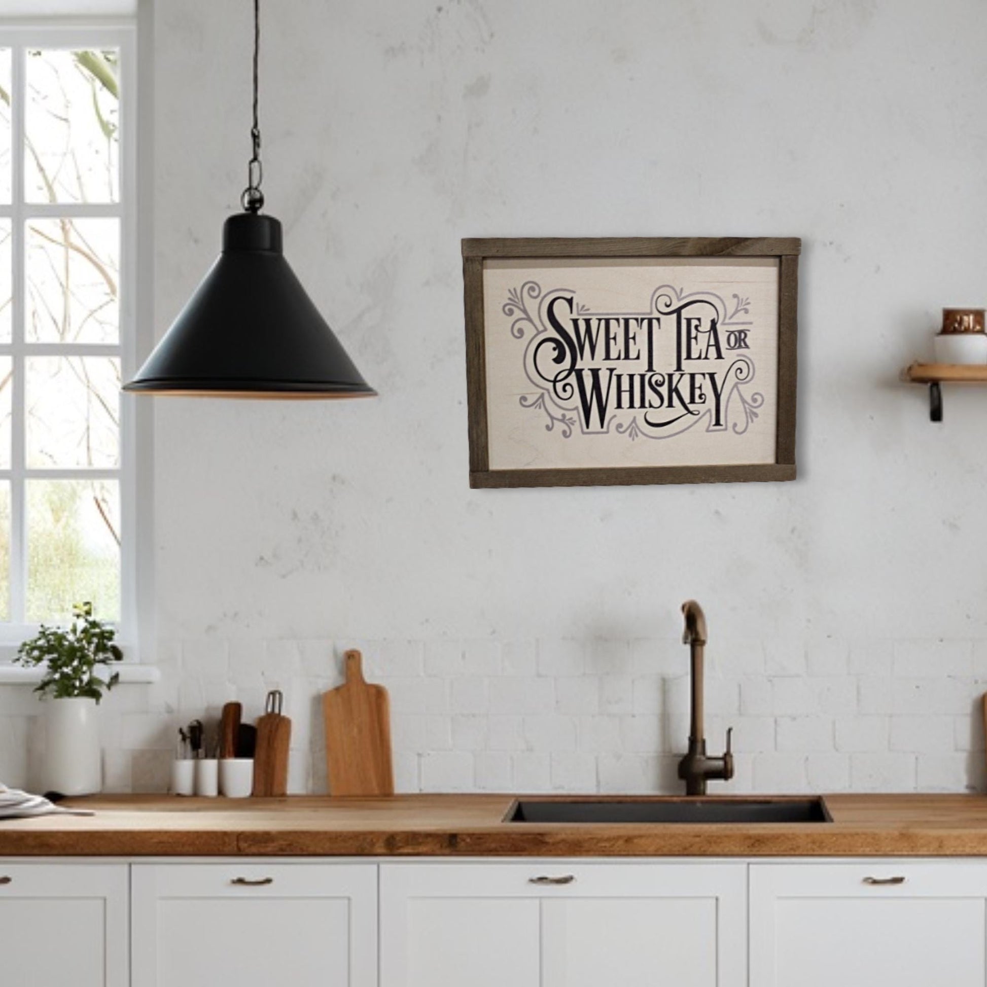 Sweet Tea or Whiskey Wood Sign Farmhouse Wall Decor Picture Print Primitive Rustic Barn Wood Script Text Kitchen Porch Sign Wood Frame