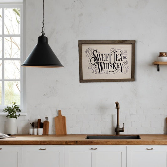Sweet Tea or Whiskey Wood Sign Farmhouse Wall Decor Picture Print Primitive Rustic Barn Wood Script Text Kitchen Porch Sign Wood Frame