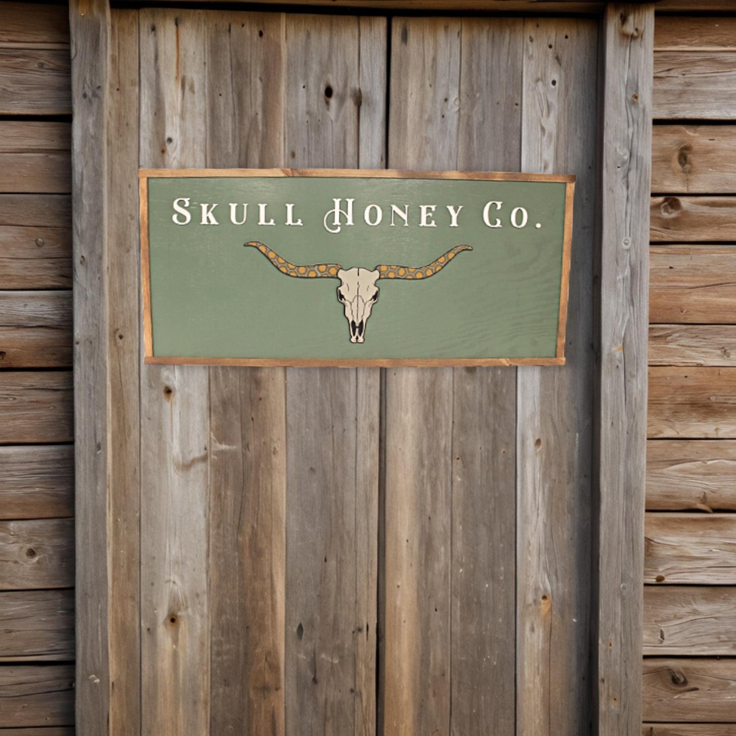 Custom Logo Skull Bull Honey Business Image Printed Raised Lettering Western Country Green Steer Wooden Handmade Decor Sign Boutique