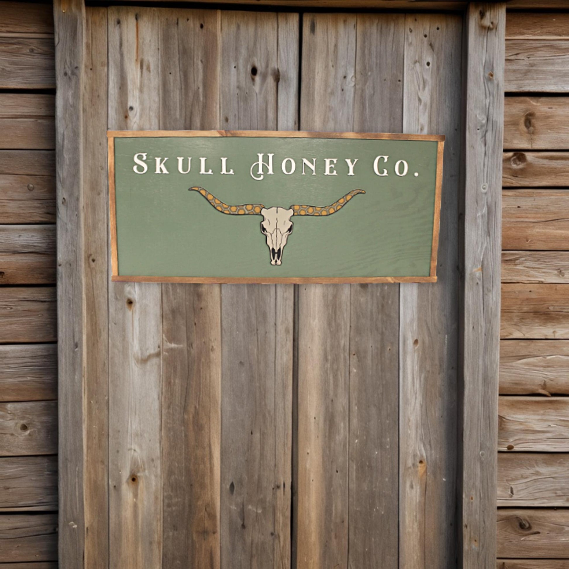 Custom Logo Skull Bull Honey Business Image Printed Raised Lettering Western Country Green Steer Wooden Handmade Decor Sign Boutique