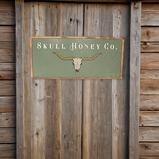 Custom Logo Skull Bull Honey Business Image Printed Raised Lettering Western Country Green Steer Wooden Handmade Decor Sign Boutique