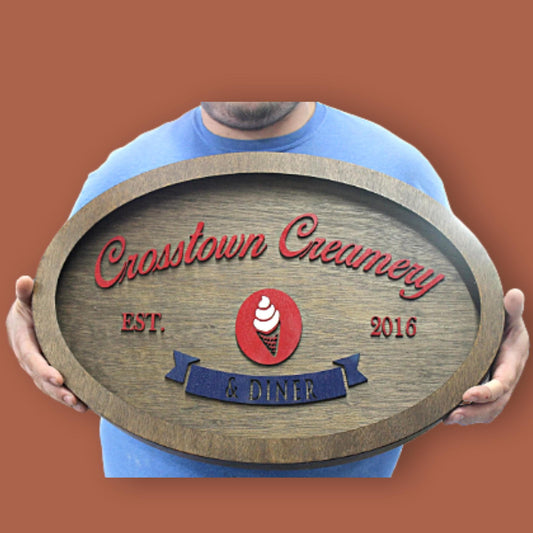 Custom Creamery Eatery Restaurant Ice Cream Wooden Led Elevated Text Raised Words Oval Light Up Indoor Remote Handmade Kitchen Logo