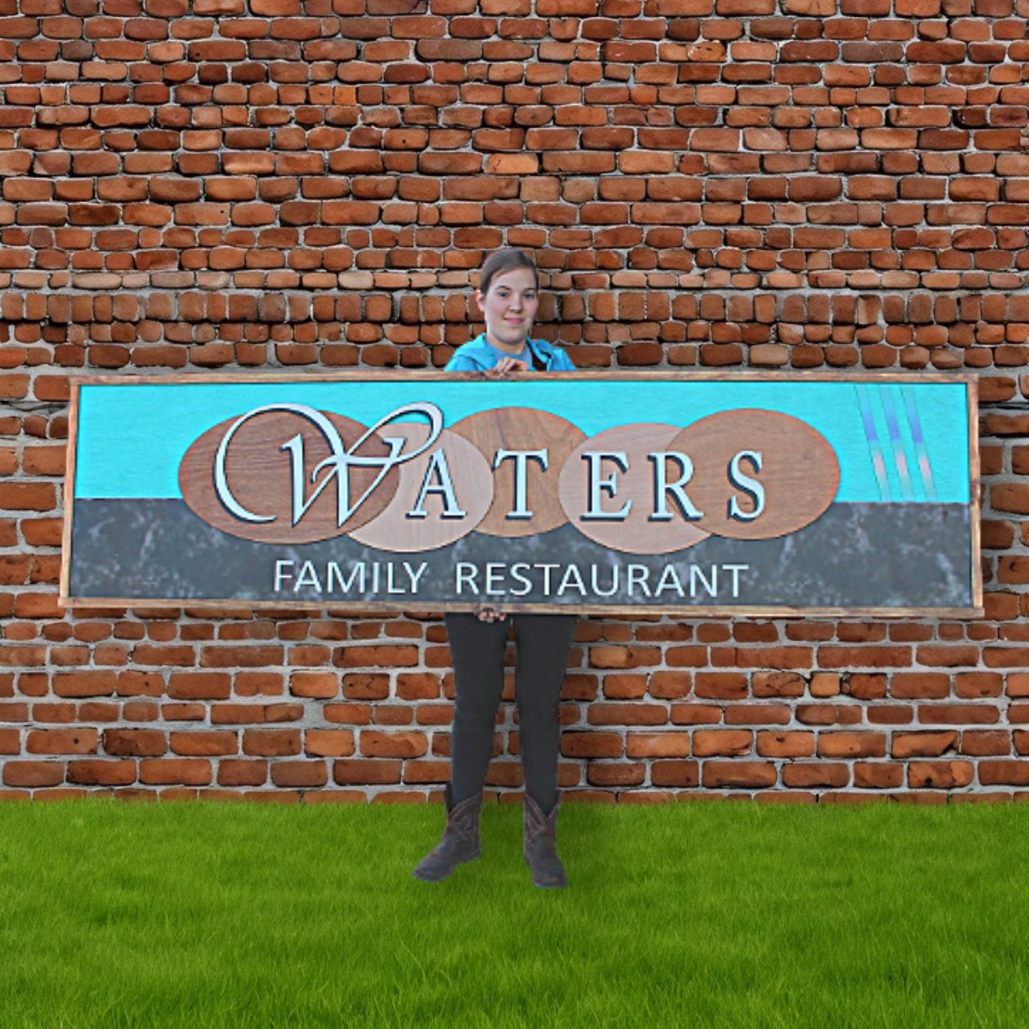 Custom Oversized Family Restaurant Waters Brown Blue Logo Printed and Raised Letters Handmade Wooden Signage Commerical Business