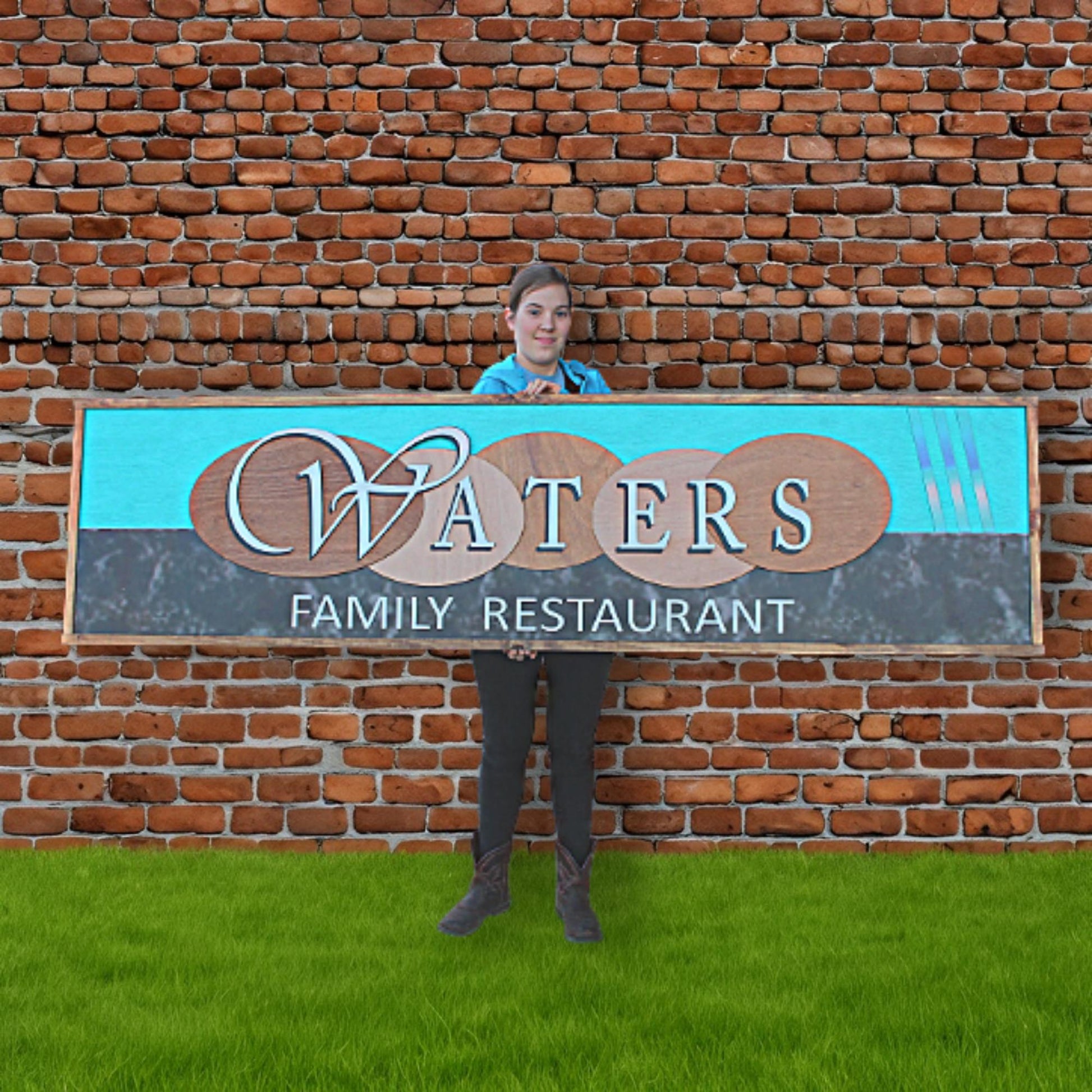 Custom Oversized Family Restaurant Waters Brown Blue Logo Printed and Raised Letters Handmade Wooden Signage Commerical Business