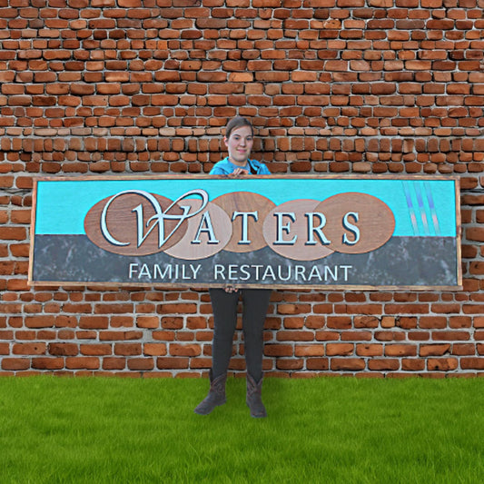 Custom Oversized Family Restaurant Waters Brown Blue Logo Printed and Raised Letters Handmade Wooden Signage Commerical Business