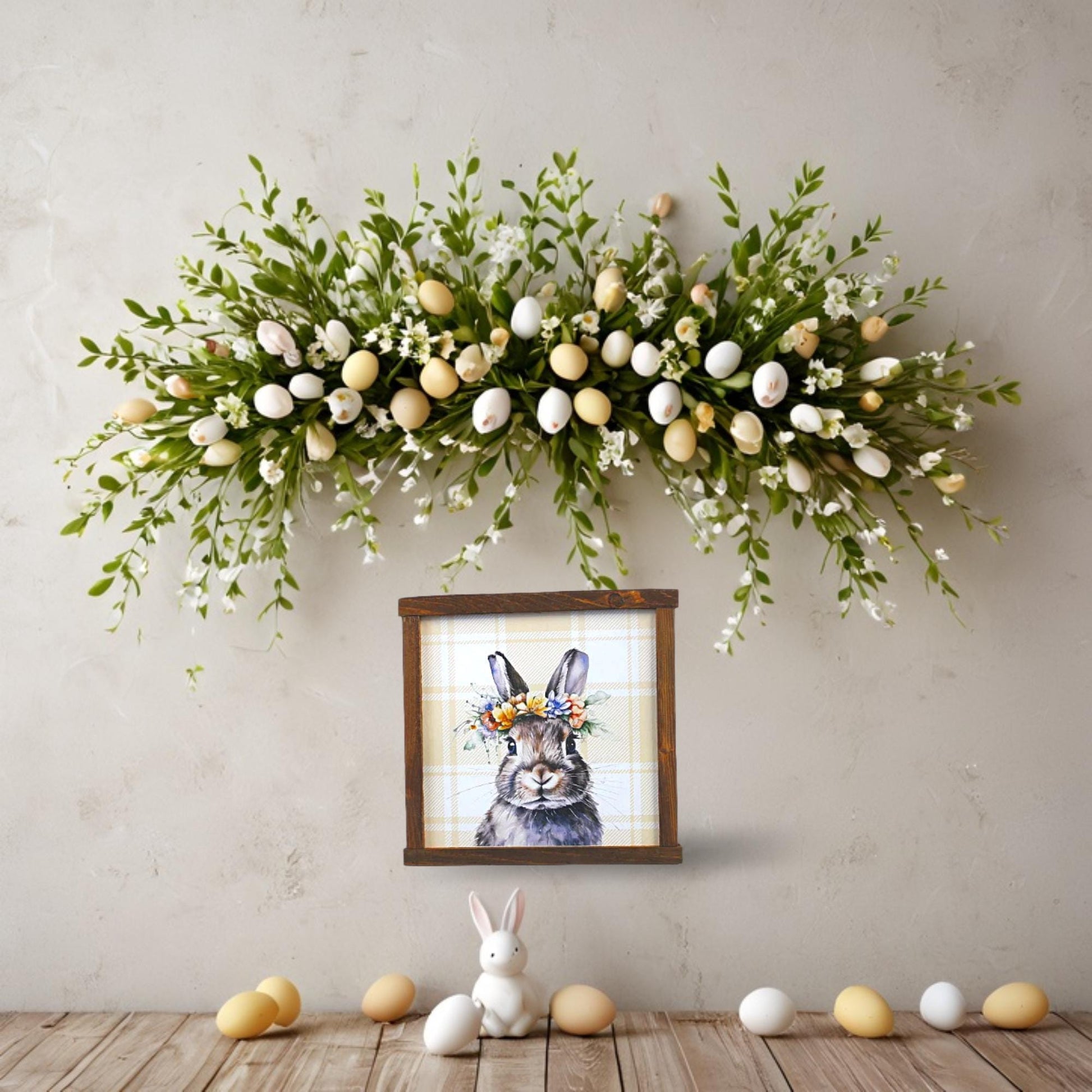 Bunny Decor Easter Spring Floral Flower Crown Plaid Handmade Home Decor Printed Framed Rabbit Cute Bright Animals