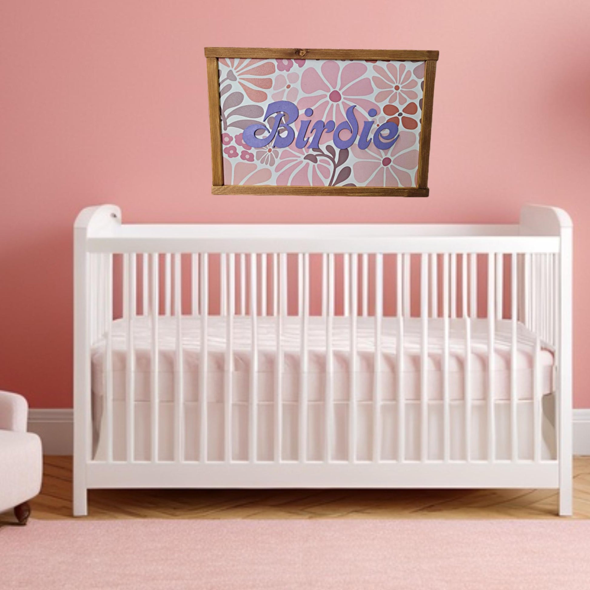 Name Boho Retro Flower Wood Sign Raised Text Large Printed Bedroom Hanging Pink Purple Decor Nursery Playroom Girl Toddler Baby