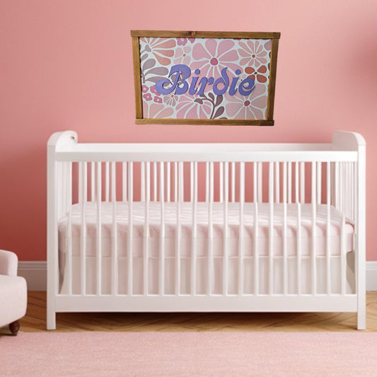 Name Boho Retro Flower Wood Sign Raised Text Large Printed Bedroom Hanging Pink Purple Decor Nursery Playroom Girl Toddler Baby