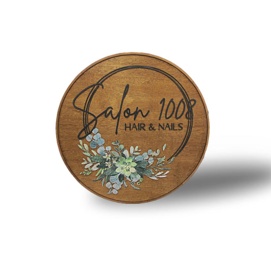 Custom Wooden Sign Salon Commerical Signage Entrance Sign Your Logo Personalized Hanging Sign Raised Letters Round Printed Image Floral