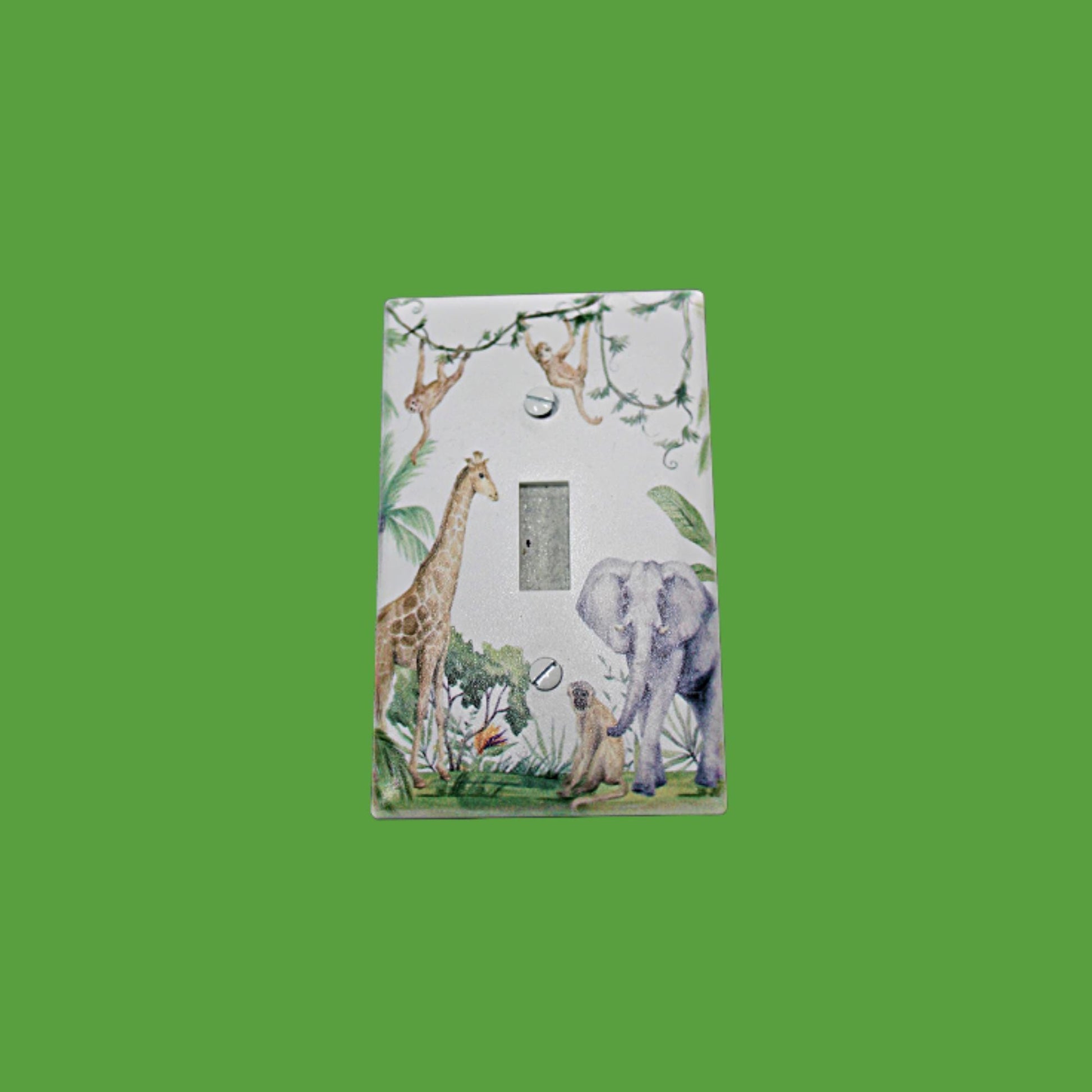 jungle elephant giraffe monkey wild decor nursery tree light switch plate cover printed durable green decor unique custom piece