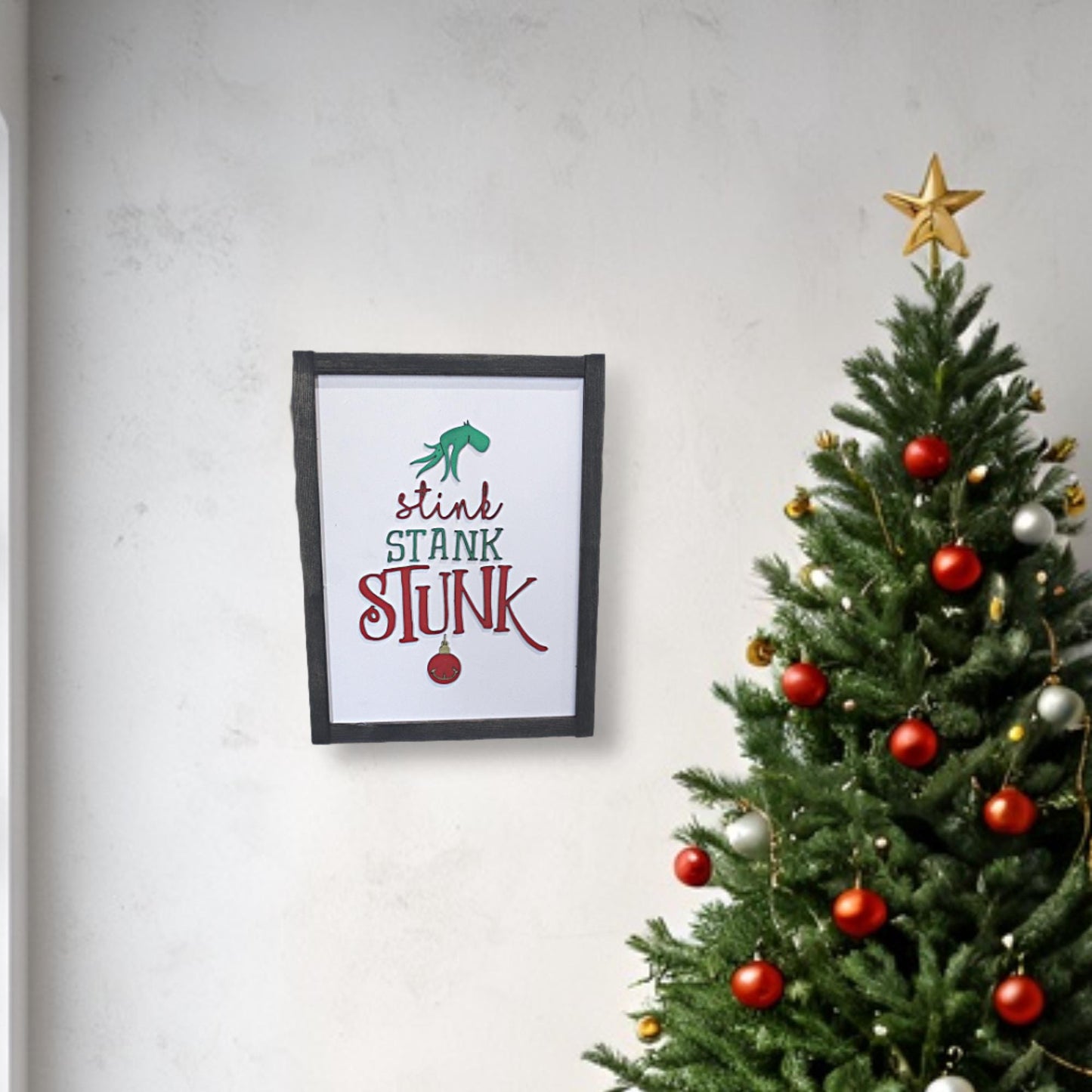 Stink Stank Stunk Sign Raised 3D Wood Mean One Christmas Décor Decoration Wall Art Farmhouse Rustic Primitive Fingers Smile Hand Festive