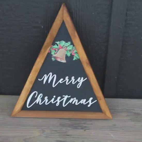 Merry Christmas Wood Sign • Rustic Holiday Decor • Triangle Christmas Sign • 3D Laser Cut Christmas Bell Sign • Farmhouse Christmas Decor