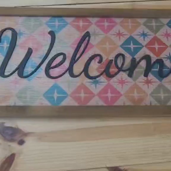 3D Printed Welcome Sign Mid Century Modern – Colorful Geometric Wood Wall Art Boho Entryway Decor with Framed Wooden Vibrant Welcome Plaque
