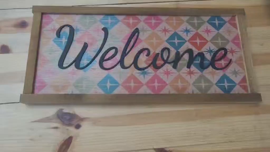 3D Printed Welcome Sign Mid Century Modern – Colorful Geometric Wood Wall Art Boho Entryway Decor with Framed Wooden Vibrant Welcome Plaque
