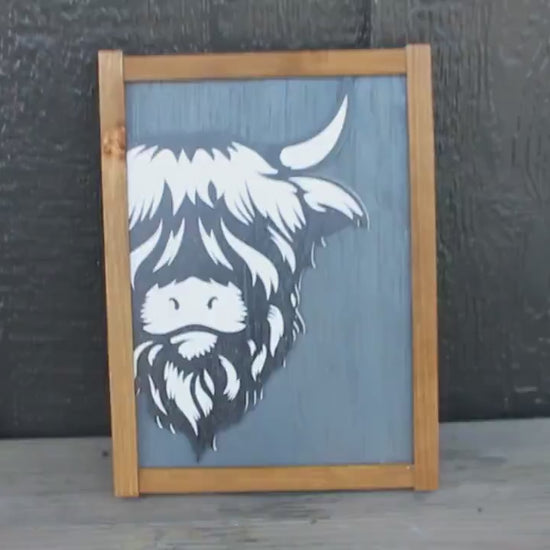 Highland Cow Wall Art – Raised Wood Framed Sign with UV Printed Design – Rustic Farmhouse Cow Decor for Living Room Entryway or Country Home