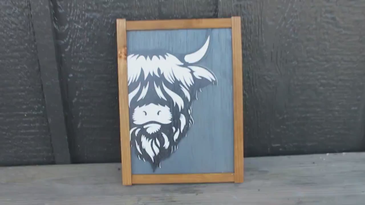 Highland Cow Wall Art – Raised Wood Framed Sign with UV Printed Design – Rustic Farmhouse Cow Decor for Living Room Entryway or Country Home