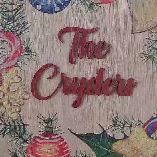 Handmade Custom Wood Family Name Sign: Holiday Wreath, Raised Letters