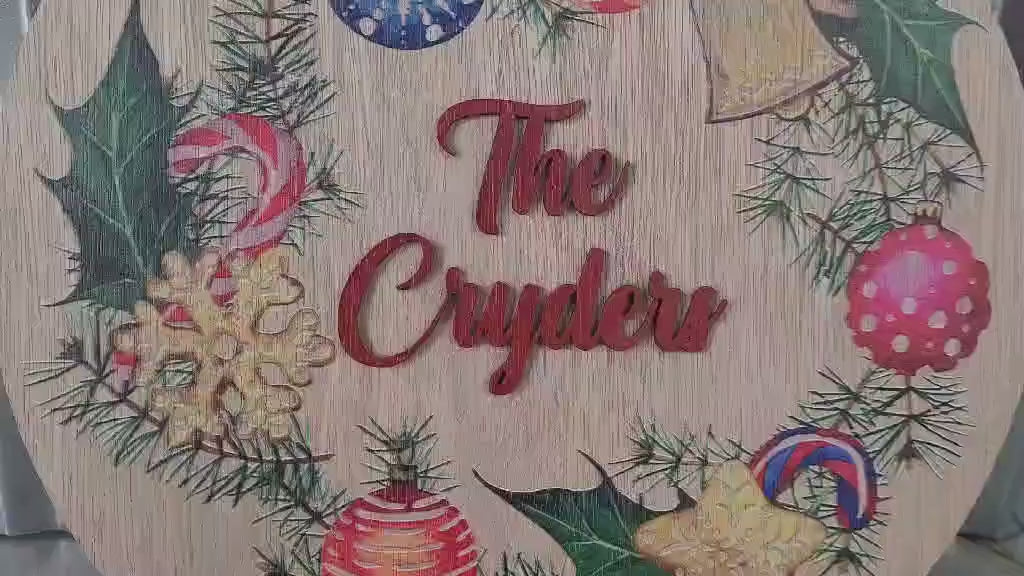 Handmade Custom Wood Family Name Sign: Holiday Wreath, Raised Letters